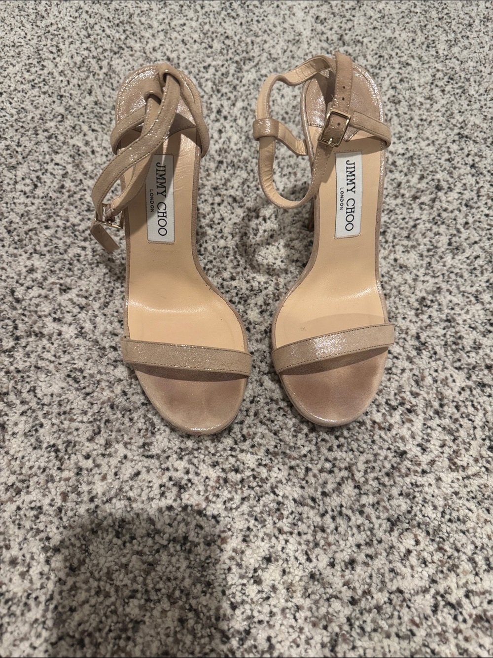 Jimmy Choo Claudette metallic heels. Ankle straps. Nude. 39